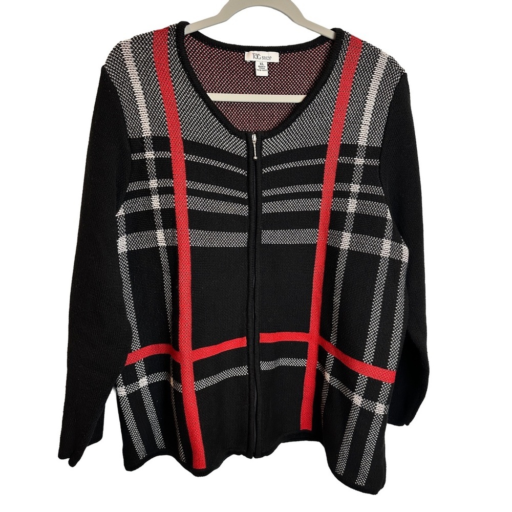 Tog Shop Chic Black and Red Plaid Zip Front Cardigan Long Sleeve XL
